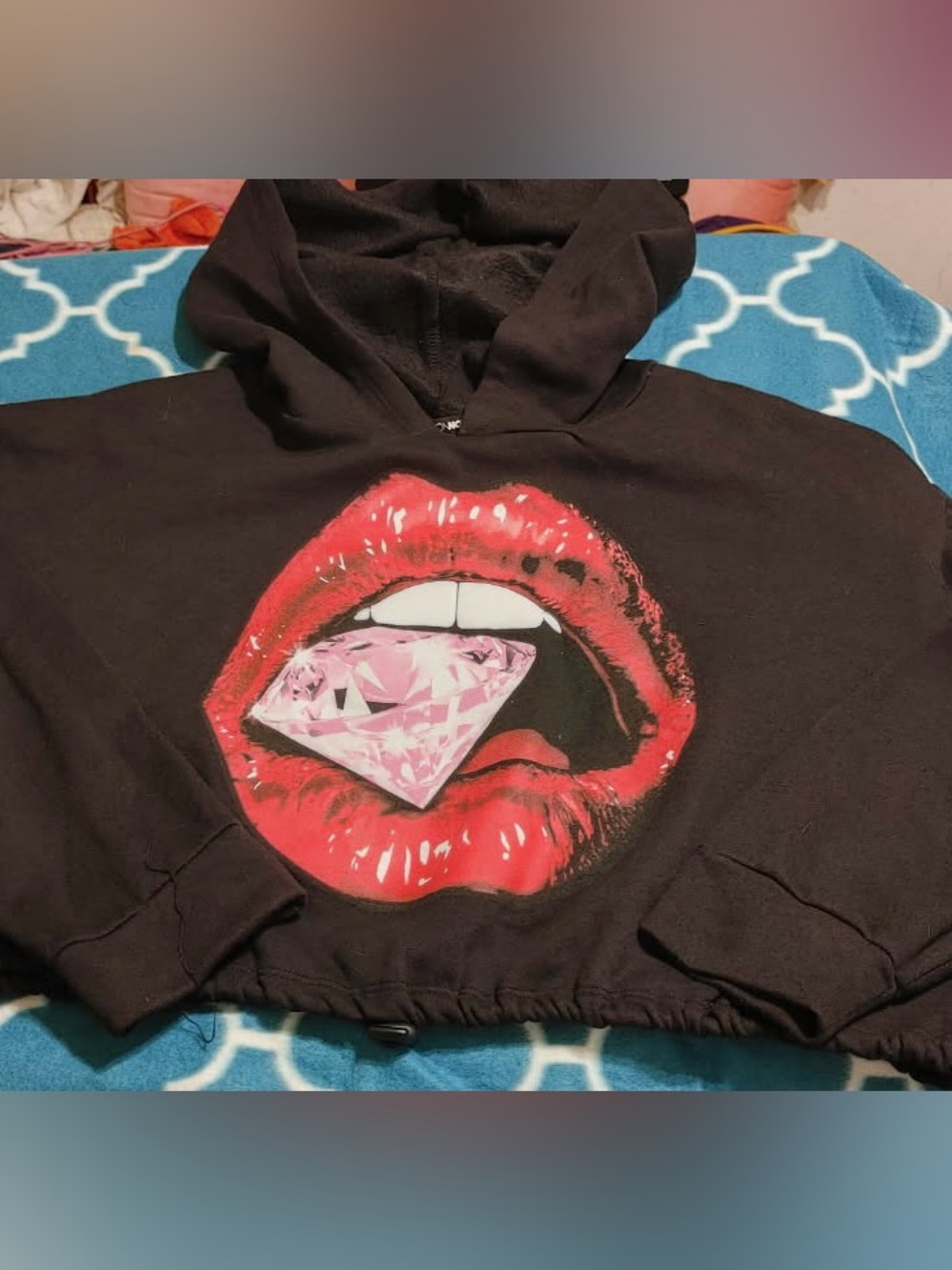 Black Hoodie with Red Lips & Pink Diamond Graphic